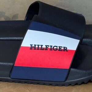 Tommy Hilfiger Signature Ring Slide Sandals 10 Black Red Blue White Striped Logo